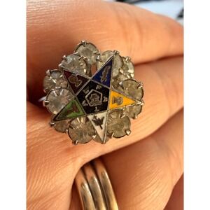Eastern‎ Star Brooch Rhinestone Enamel Masonic Sorority Jewelry Silver Tone